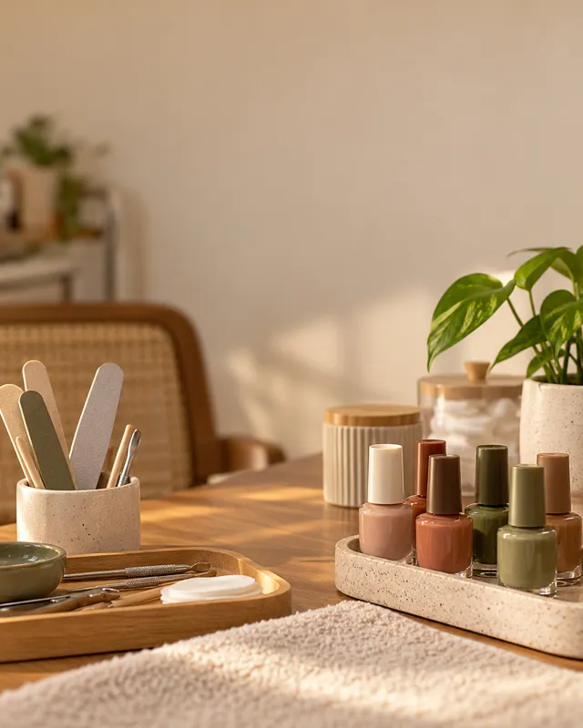 Mesa de manicure com frascos de esmalte em tons nude e uma planta