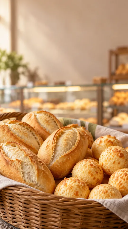 Cesta de pães franceses e pães de queijo no balcão de uma padaria