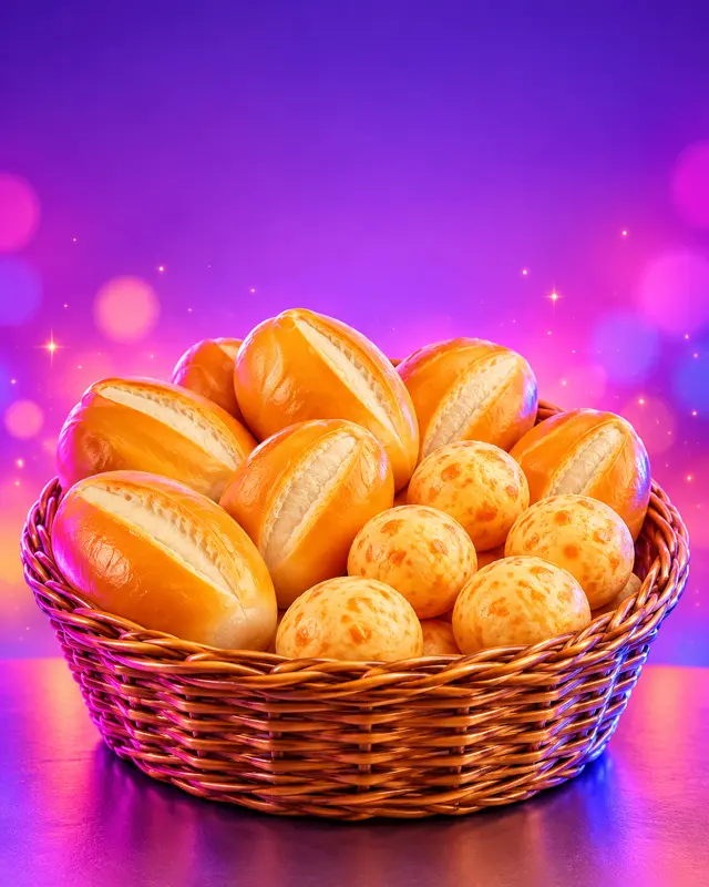 Cesta de pães com fundo roxo, brilhos e luzes artificiais, no estilo genérico de IA
