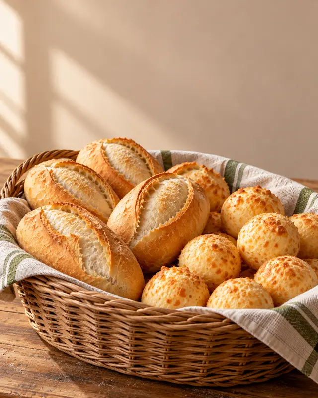 Cesta de vime com pães franceses e pães de queijo sobre pano de prato, com luz natural de manhã na padaria